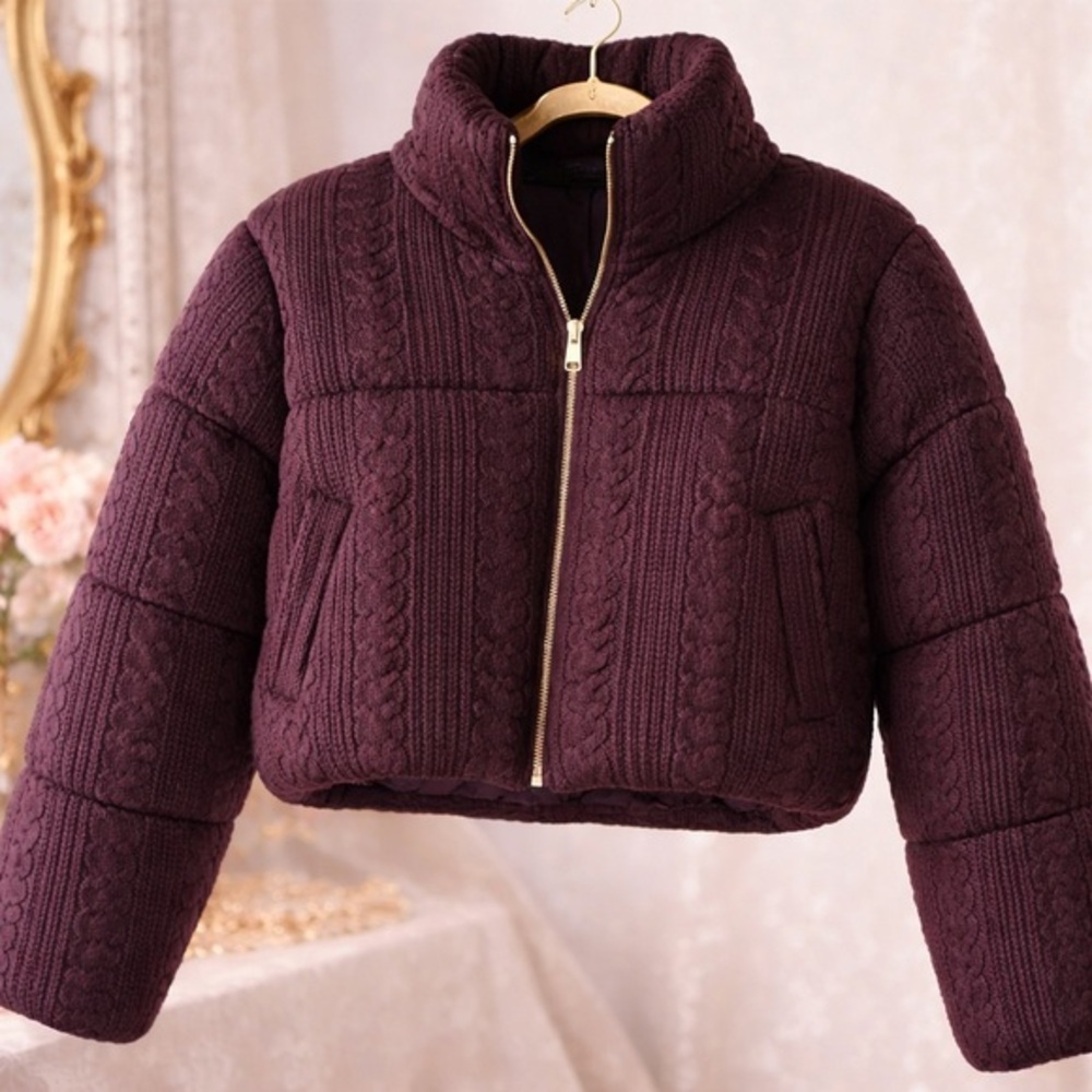 Zara Quilted Cable-Knit Puffer Jacket in Plum